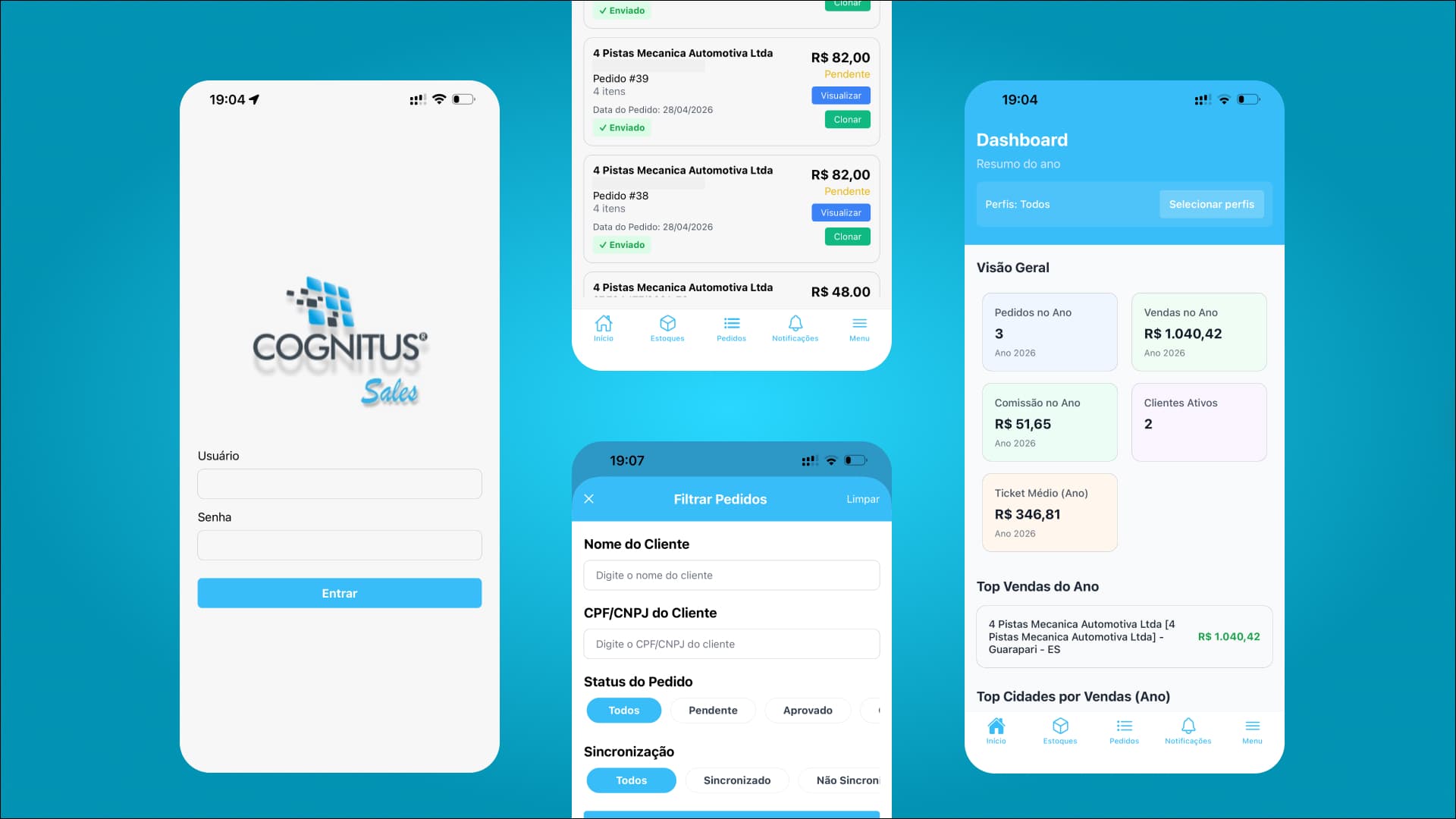 Tela do projeto Cognitus Sales com fluxos de vendas e app mobile